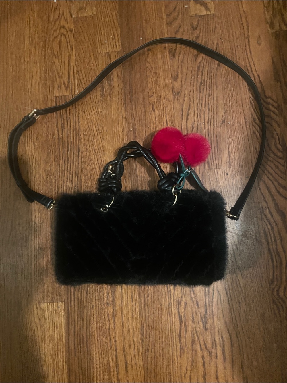 Aldo Black Faux-Fur Crossbody with Pink Pom Charm